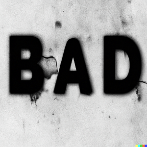 the word bad is written on a white wall