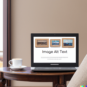 Laptop on a coffee table with a website about Image alt text open on it